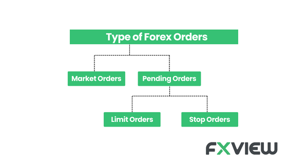 Flowchart illustrating various types of forex orders, including market orders, limit orders, stop orders, and trailing stop orders.